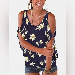 YOINS Yours Inspiration Navy Floral Cold Shoulder Open Sleeve Blouse Size Large